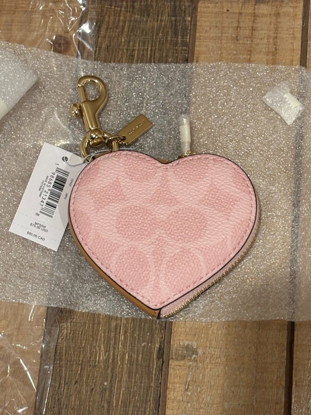 Coach Heart Bag Charm in Signature Canvas Gold/Powder Pink CEA22